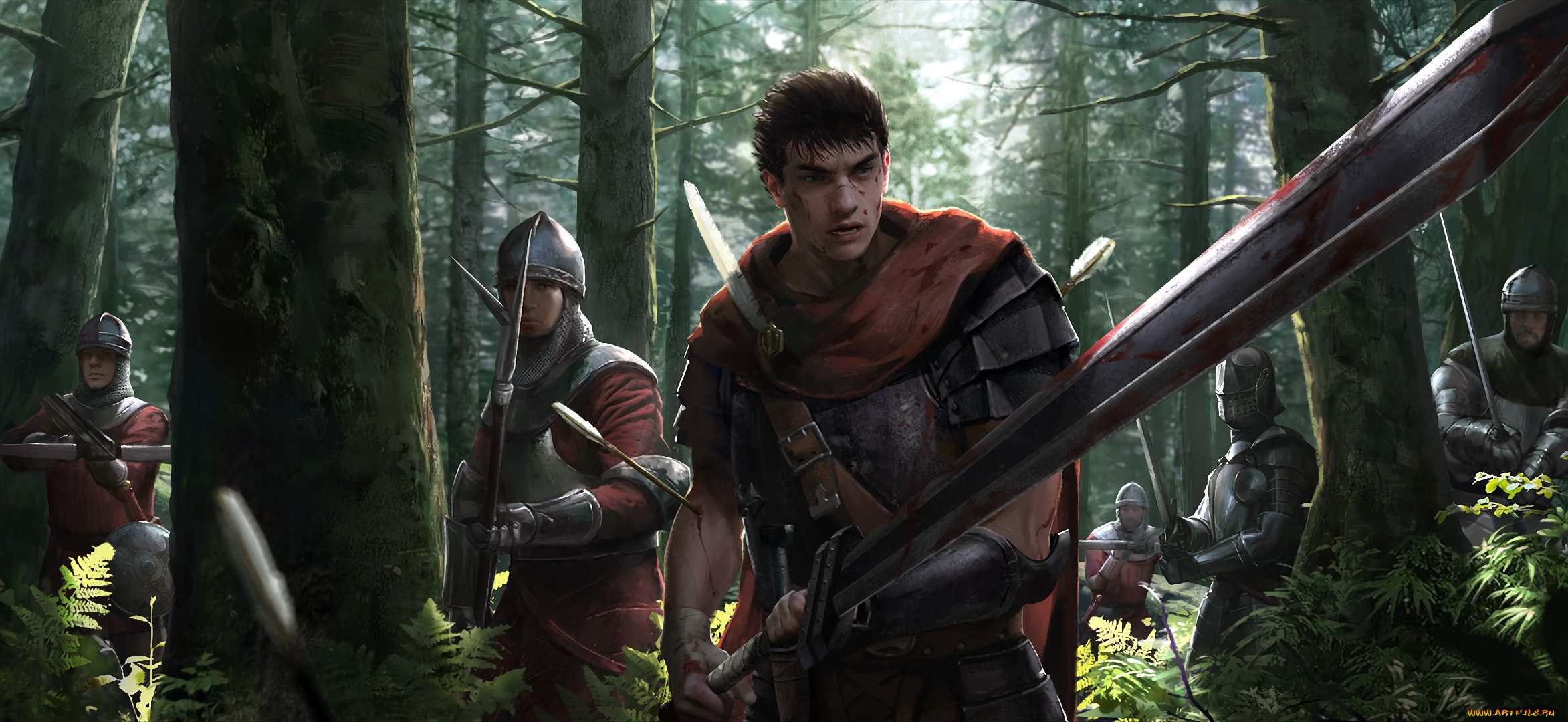 , berserk, sword, blood, game, forest, armor, anime, man, army, ken, blade, manga, helmet, powerful, strong, guts